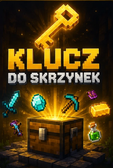 Żółta skrzynia Minecraft otwiera się, a do góry wylatują cenne przedmioty takie jak diamenty, złoto, broń i narzędzia. Grafika przedstawia produkt zakupu kluczy do skrzynek losujących nagrody premium na serwerze Minecraft ManiMC.pl.