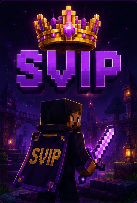 Postać Minecraft w ciemnofioletowej zbroi i pelerynie SVIP obserwuje futurystyczny świat Minecraft pełen zamków i latających wysp. Grafika posiada intensywne fioletowe efekty oraz klimat ekskluzywnej rangi premium.