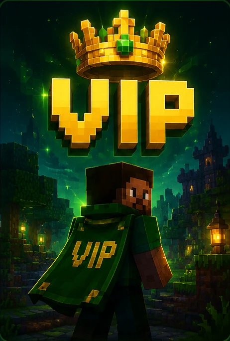 Gracz Minecraft w zielonej pelerynie z napisem VIP stoi na skraju klifu i patrzy na ogromne miasto oraz budowle Minecraft. W dłoni trzyma miecz, a cała grafika utrzymana jest w złoto-zielonych kolorach premium.